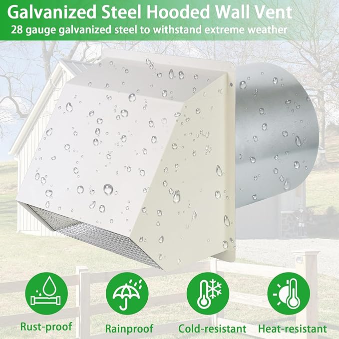 6 Inch Hooded Wall Vent with Screen and Damper,Wall Exhaust Vent Cover Cap,Dryer Vent Cover Outside,Exterior Wall Vent Hood Outlet Air Vent for Kitchen Range Hood Air Ventilation,Galvanized Steel,Whit