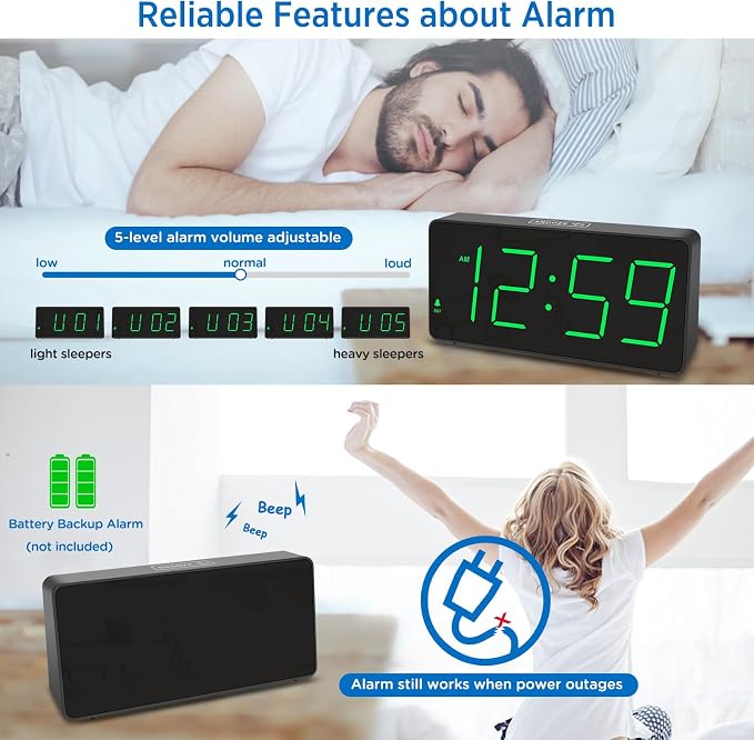 Peakeep Digital Alarm Clock for Bedroom Bedside, Large Display 5 Dimmers | - Image 4