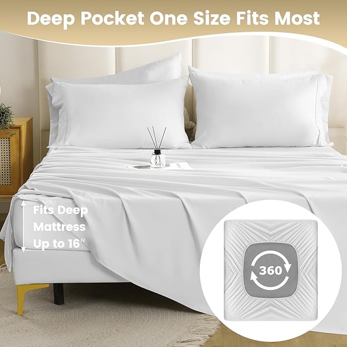Full Sheet Set - 4 Piece Silky Ultra Soft Breathable Bed Sheet Set, 16" Deep Pocket for Mattress,Hotel Luxury Clearance Full Size Sheet Sets & Wrinkle Free,Easy Care Cooling Bedding Sheets（White）