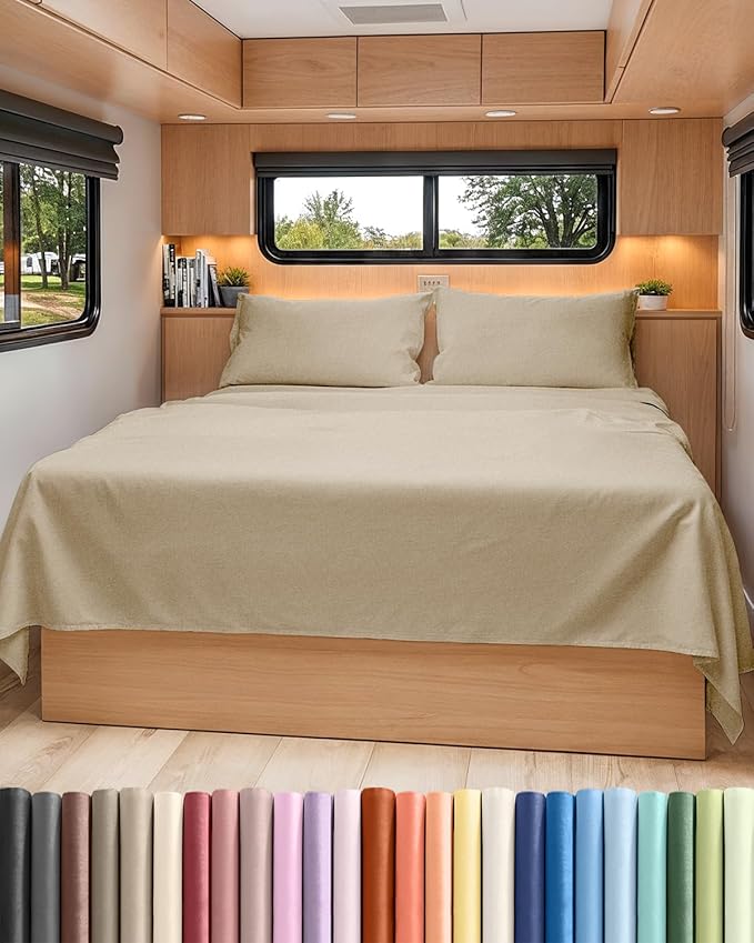 RV Short Queen Sheet Set 60 X 75 - 4 Piece RV Short Queen Bed Sheets - Soft, Breathable & Cooling - Designed for Bunks, Trailers & Campers - Fits 8” to 12" Mattress - Luxury Bedding - Heathered Beige