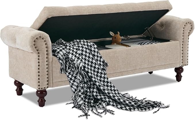 SOFTHION 58.1" Storage Bench for Bedroom, Chenille Cushion, Light Brown | End by SofthionDesign