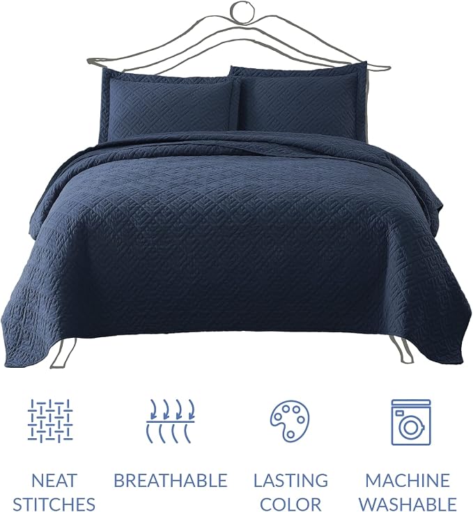 EXQ Home King Size Quilt Set Squares Pattern Bedding Set Lightweight Navy | - Image 3