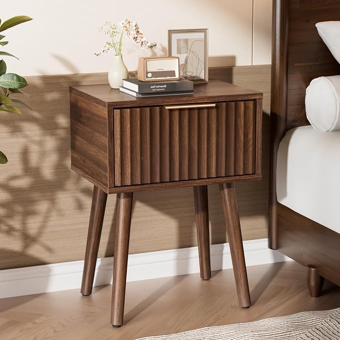 VINGLI Night Stand, Fluted Nightstand Wood, Mid Century Modern Nightstand by VINGLI