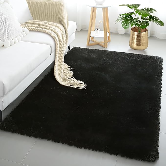 4x6 Black Fluffy Shag Rug for Bedroom, Plush Washable Carpet | Area Rug for by KICHOWUA