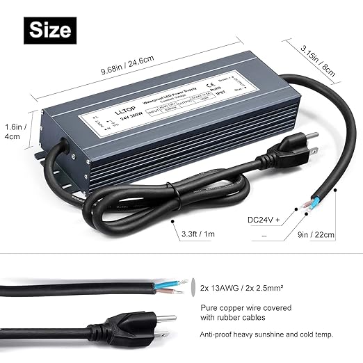 LLTOP LED Power Supply 24V 12.5A 300W LED Driver AC90-130V to 24VDC Converter Low Voltage Transformer Waterproof for Indoor Outdoor LED Lighting
