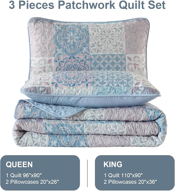Dobuyly Quilt Set Queen Size, Light Blue/Pink Patchwork Bedspread 3 Pieces - Image 7