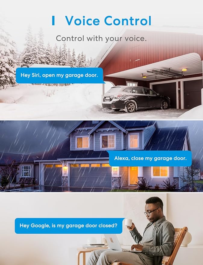 meross Smart Garage Door Opener Remote, Compatible with Apple HomeKit, Amazon Alexa, Google Assistant, SmartThings, Siri, CarPlay and Android, Universal WiFi Garage Controller, No Hub Required