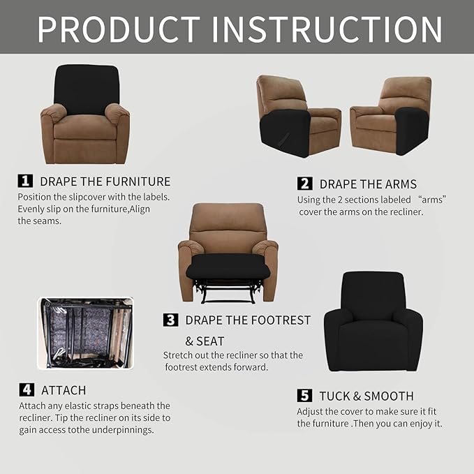 Easy-Going 4 Pieces Oversized Recliner Stretch Sofa Slipcover Sofa Cover Furniture Protector Couch Soft with Elastic Bottom Polyester Spandex Jacquard Fabric Small Checks Black X-Large