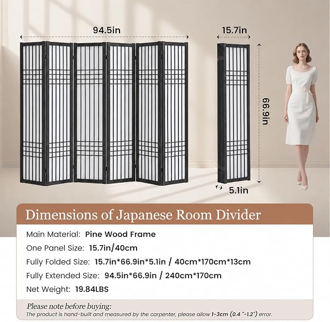 6 Panel Room Divider, 66.9" Tall Folding Privacy Screen, Pine Wood Frame Design - Image 7