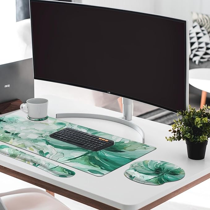 Britimes Colorful Floral Keyboard Mouse Pad Set Flower Green Summer 4in1 Large Mousepad+Keyboard Wrist Rest+Mouse Wrist Rest+Coaster Ergonomic Design for Home Office Computer 35.4x15.7 inches