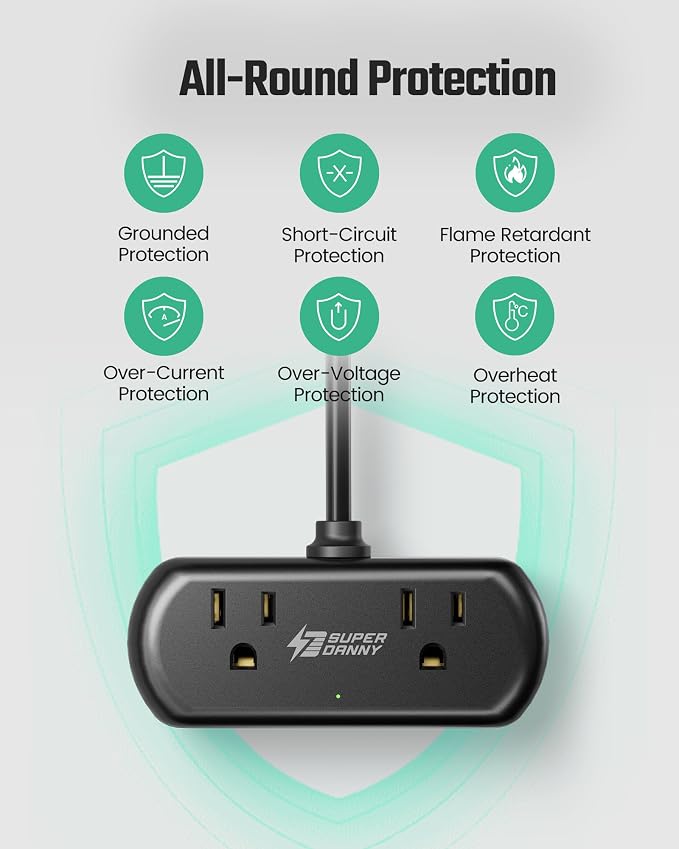 2Ft Extension Cord, SUPERDANNY Mini Surge Protector - Image 7