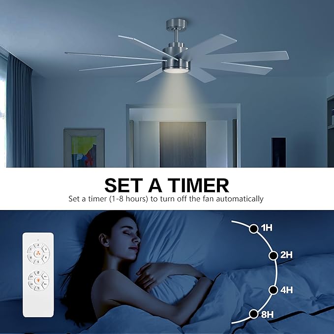 WINGBO 72" Large DC Ceiling Fans with Lights and Remote, 3 Downrods, 8 Plywood Blades, 6-Speeds Reversible DC Motor, 3CCT, Indoor Ceiling Fan for Bedroom Living Room Patio, Brushed Nickel and Silver