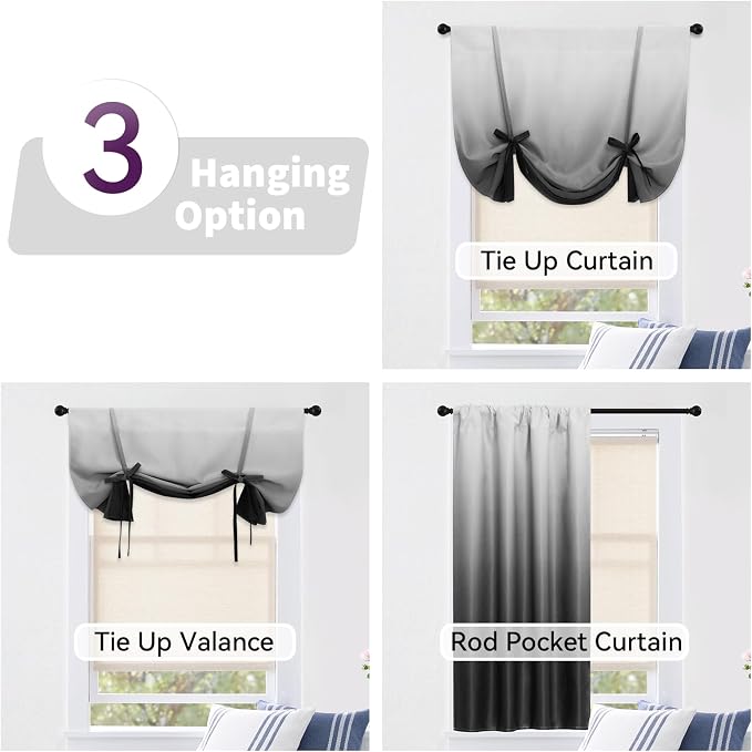 COSVIYA 100% Blackout Ombre Black Adjustable Tie Up Curtains - Image 4