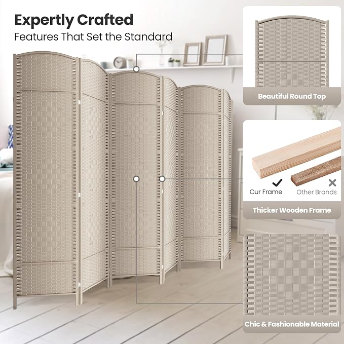 6 Panel Folding Room Divider, Woven Privacy Screen, handcrafted diamond pattern - Image 2