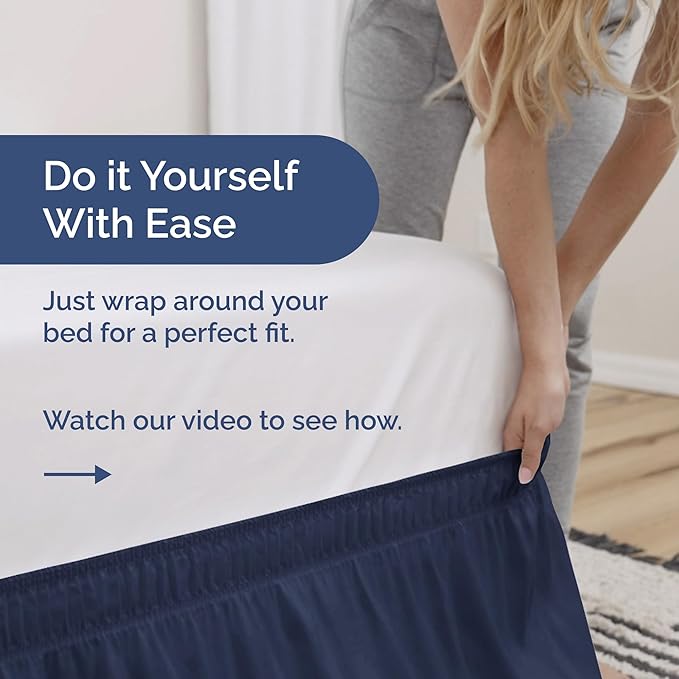 Wrap Around Dust Ruffle Bed Skirt - Navy Blue - Twin/Twin XL Size Beds with 12 Inch Drop - Elastic Strap - Adjustable Pleated Bedskirt with Brushed Fabric and Wrinkle Free - Women, Men, Kids & Teens