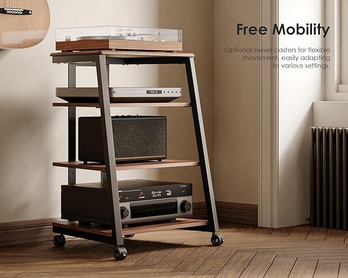 FITUEYES Design 4-Tier AV Media Stand Corner Shelf for Record Player Wooden Stereo Cabinet Audio Rack Tower with Height Adjustable Wooden Shelves for ps4 (Walnut)