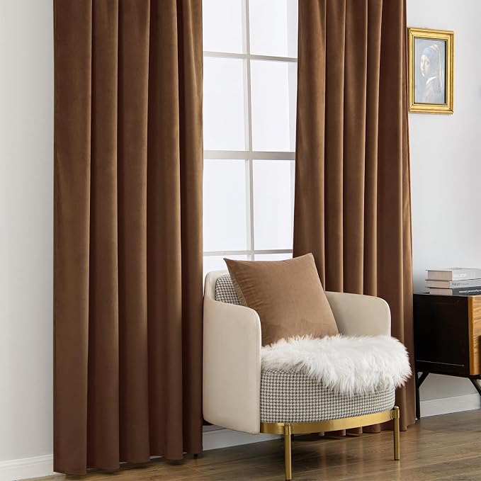 MIULEE Velvet Curtains 52x90 inches 2 Panels Brown Blackout Curtains | Luxury - Image 7