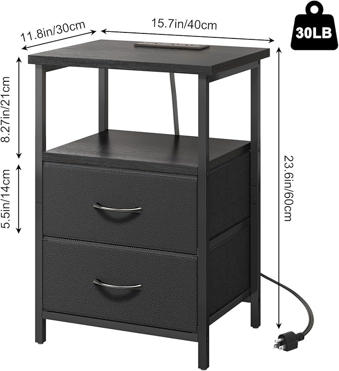 Fixwal Night Stand with Charging Station, 2 Fabric Drawers, 2 AC outlets & 2 - Image 3