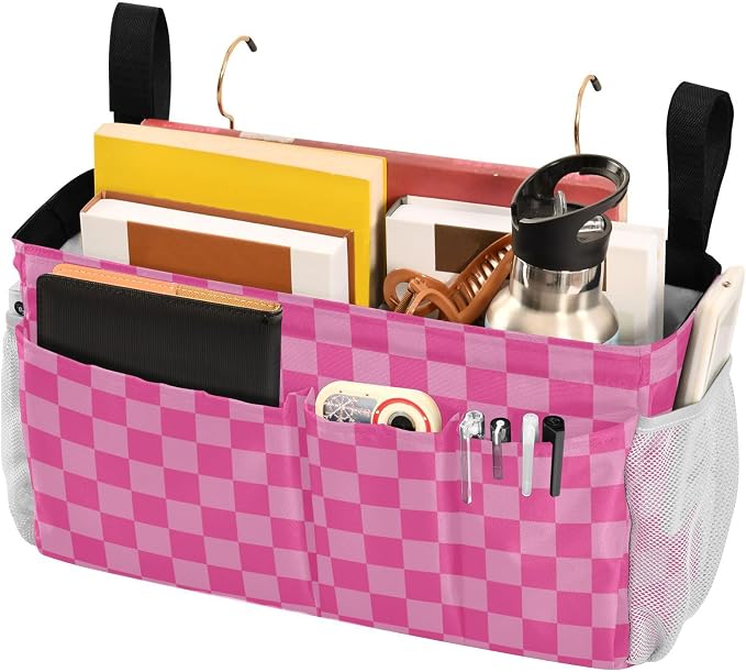 Pink Checkered Print Bedside Caddy Storage Bag Bedside Organizer - Image 3