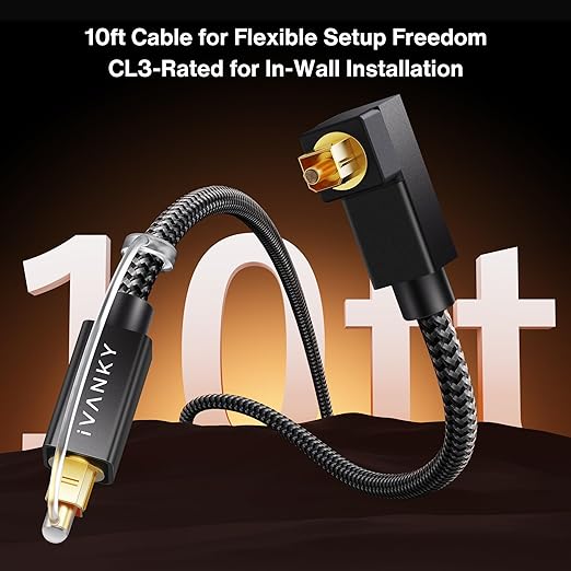 IVANKY Right Angle Optical Audio Cable, 10ft/3M 24K Gold-Plated 90 Degree Toslink Digital Fiber Optic Cable, 90° Angled & Lossless Audio S/PDIF Optical Cable for Soundbar, TV, PS5, Xbox, Home Theater