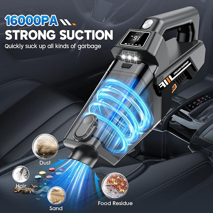 Gxzsk Handheld Vacuum Cordless, 16KPA Powerful Suction Hand Held Vacuum Cleaner Dust Busters Cordless Rechargeable, HD Display & 3 LED Lights, Portable Vacuum for Car, Home, Pet Hair