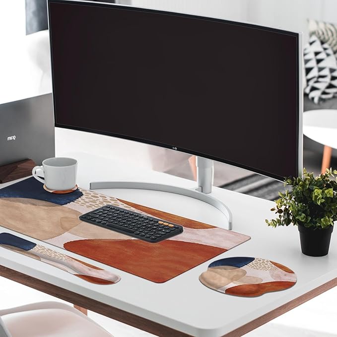 Britimes Abstract Boho Keyboard Mouse Pad Set 4in1 Large Mousepad+Keyboard Wrist Rest+Mouse Wrist Rest+Coaster Set with Ergonomic Design for Home Office Computer 35.4x15.7 inches