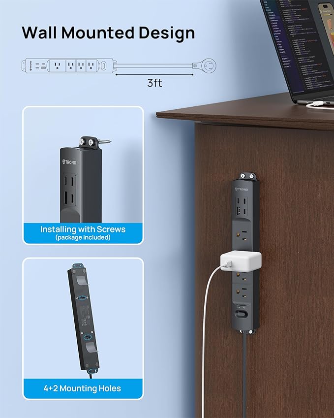 TROND 360° Rotating Plug Surge Protector, Power Strip with USB Ports, 3 USB C and 1 USB A, 1440 Joules, ETL Listed, 1625W, Wall Outlet Extender, 3ft Extension Cord for Home Office Dorm, Black
