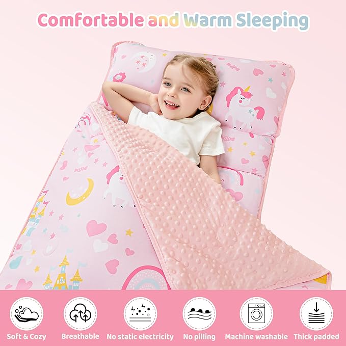 Viviland Toddler Kid Nap Mat for Preschool, Girls Pink Princess Daycare Kindergarten Slumber Bag