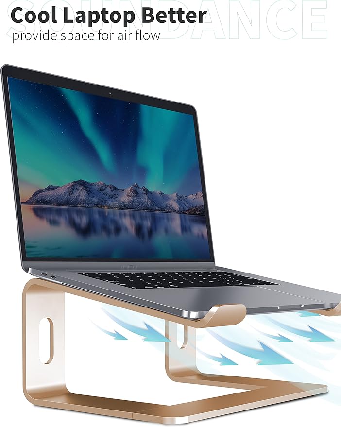 SOUNDANCE Laptop Stand, Aluminum Computer Riser, Ergonomic Laptops Elevator for Desk, Metal Holder Compatible with 10 to 15.6 Inches Notebook Computer, Champagne Gold