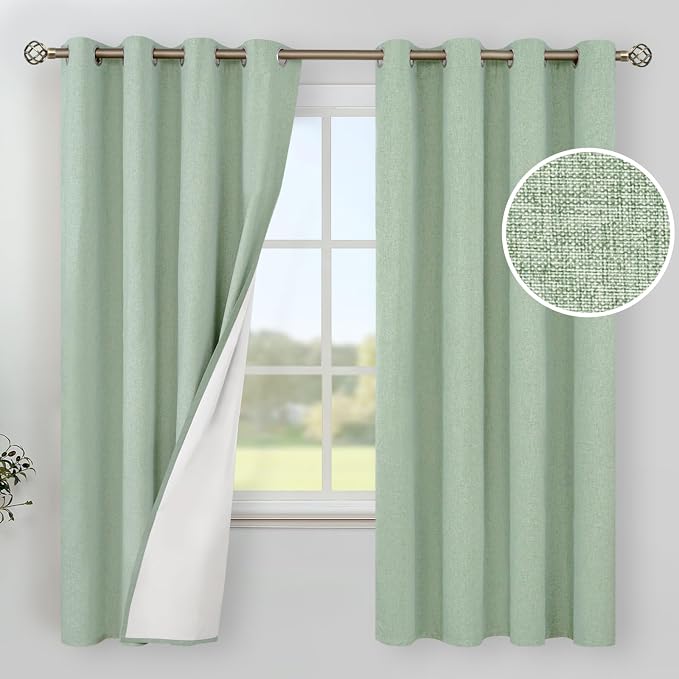 YoungsTex Light Sage Green Linen Blackout Curtains 63 Inch Long 2 Panels | by YoungsTex