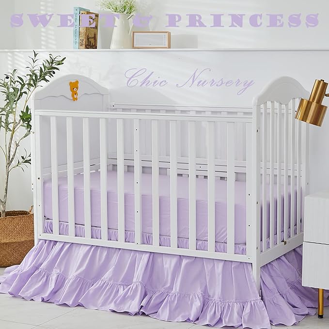 Brandream Crib Bed Skirt for Baby Girls Boys Purple Boho Bohemian Solid Cotton Toddler Bedskirt Farmhouse Chic Ruffle