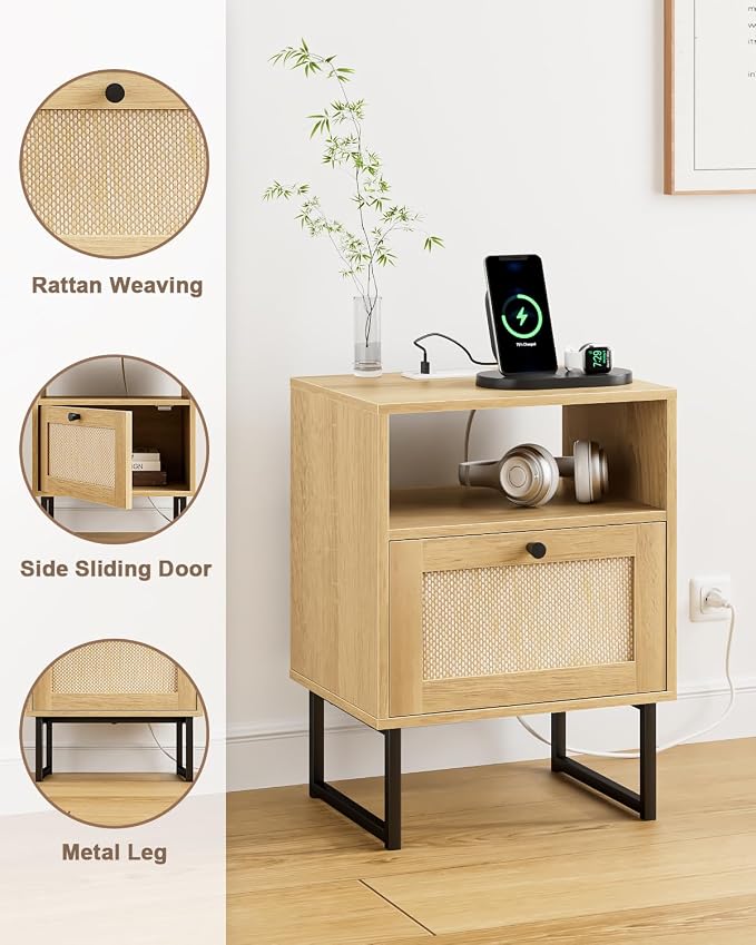 Masupu Rattan Nightstand with Charging Station, Modern Boho Farmhouse Wood - Image 5