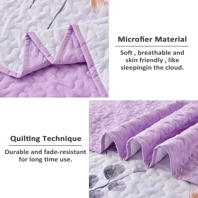 Dinjoy Floral Quilt Set Queen, 3 Pieces Purple Flower Bedspread Coverlet | Soft - Image 5
