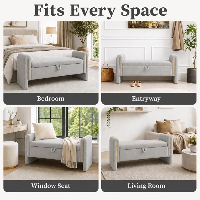 52" Upholstered Storage Bench, Wood Frame | Mid-century storage ottoman bench - Image 9