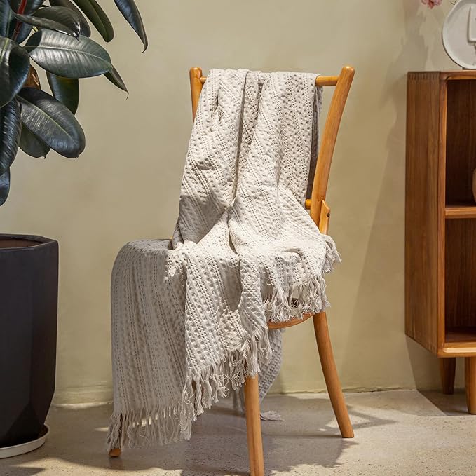 100% Cotton Waffle Blanket with Fringe, Pre-Washed Waffle Weave Blanket for All Season, Lightweight Breathable Soft Cozy Throw Blanket for Couch, Bed, Travel (Beige - 66x90 Inches)