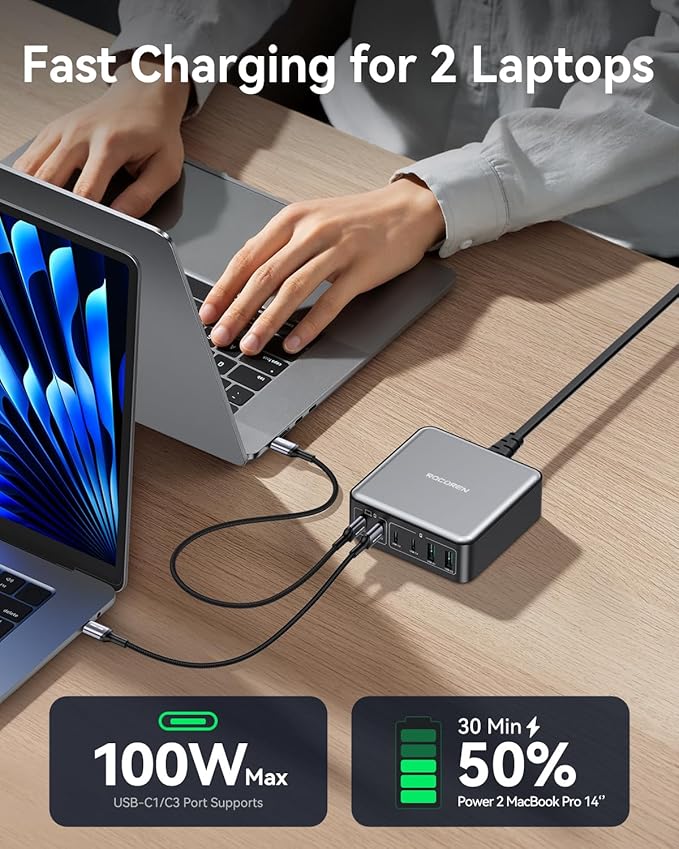 270W USB C Charger Block, Rocoren 6 Port Multi USB-C Charging Station,100W PD Fast USBC Gan Charger Station Hub Dock for Multiple Devices, Laptop Type C for MacBook/iPhone 17/iPad/Galaxy S25 (Black)