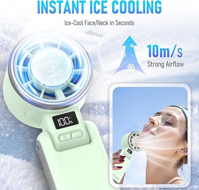 PlayHot Upgraded Portable Handheld Fan with 60°F Ice Cooling, Up tp 12Hrs Hand Held Portables Fans, 5 Speed 25550RPM Powerful Portable Fan Handheld, Hand/Neck/Desk Fan 3 IN 1(Green)