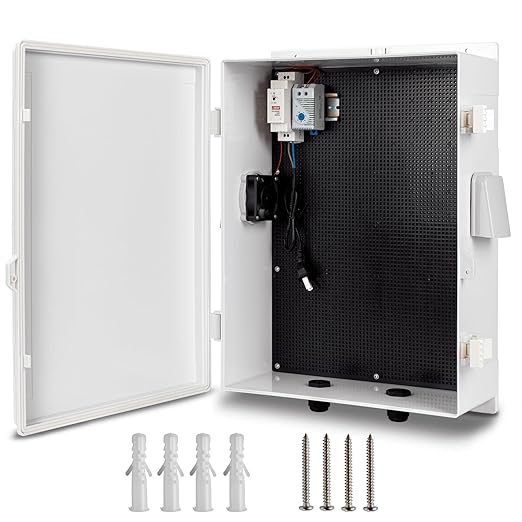 Namunanee Outdoor Electrical Box with Thermostat and Fan, ABS Water Resistant Enclosure with Internal Mounting Panel & Hinged Cover, 18.1" H* 12.6" L* 6.3" W, Plug & Play.