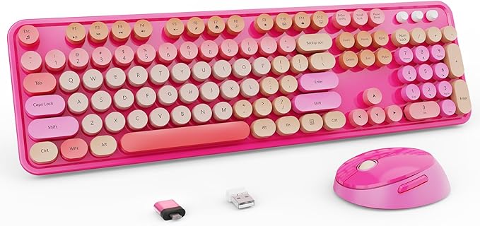 Nowlike Wireless Keyboard and Mouse Combo, Retro Typewriter Keyboard with Round Keycaps, Full-Size Ergonomic, Red, Ideal for Windows PC, Home, Office, and College, Wireless Keyboard Mouse Combo