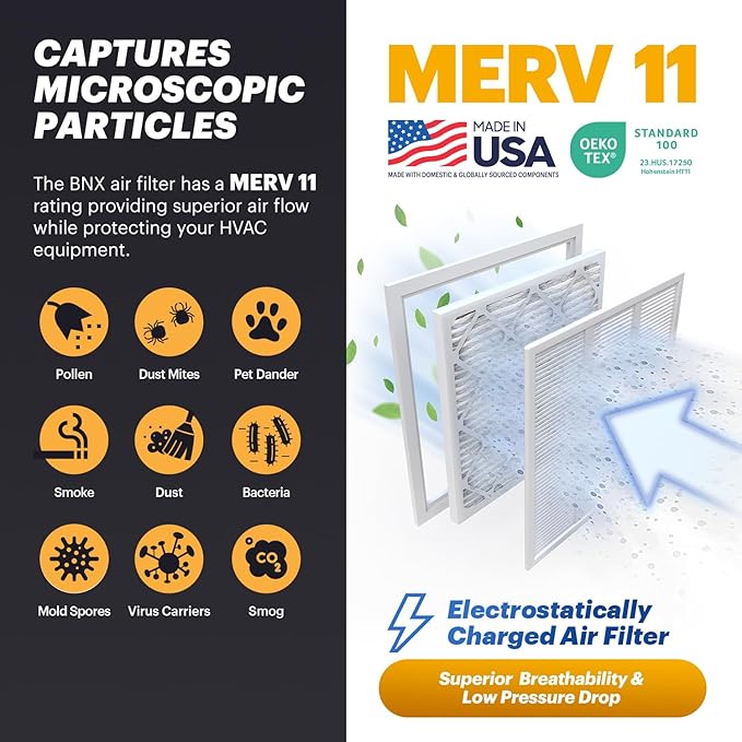 BNX TruFilter 10x10x1 Air Filter MERV 11 (4-Pack) - MADE IN USA - Allergen Defense Electrostatic Pleated Air Conditioner HVAC AC Furnace Filters for Allergies, Dust, Pet, Smoke, Allergy MPR 1200 FPR 7