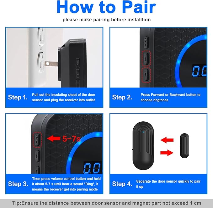 Wireless Door Chime for Business Home Office When Entering Door Alarms When Opened with 800Ft Range 55 Chimes 5 Volume Levels (1 Receiver & 4 Sensor)