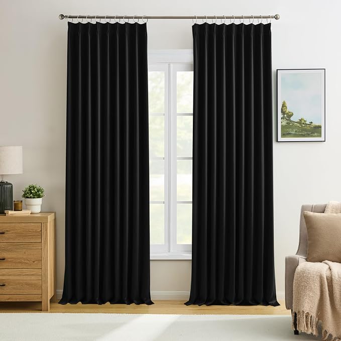 Black Pinch Pleated 60 Inch Wide Curtains 60 x 102, Thermal Insulated Noise by KEQIAOSUOCAI