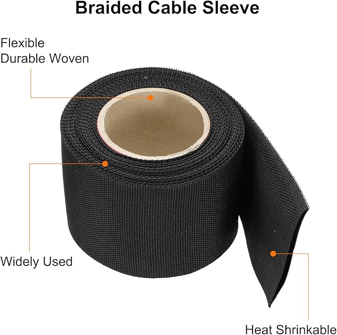 MECCANIXITY Braided Cable Sleeves Heat Shrinkable Fabric Sleeving, 2" 16ft Black 2:1 Ratio Heat Shrinkable Cord Protector for Harness Cable, Network Cable Protection, Cable Management