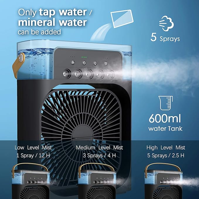 NTMY Personal Air Cooler, Portable Air Conditioner Fan, Mini Evaporative Cooler with 7 Colors LED Light, 1/2/3 H Timer, 3 Wind Speeds and 3 Spray Modes for Your Desk, Nightstand, or Coffee Table
