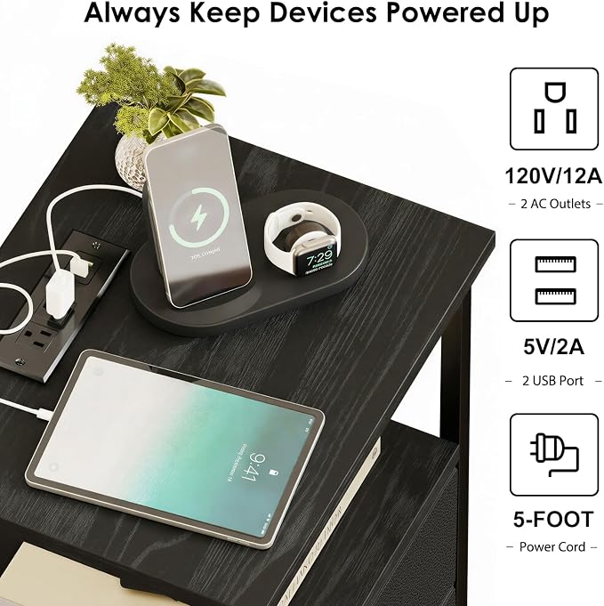 Fixwal Night Stand with Charging Station, 2 Fabric Drawers, 2 AC outlets & 2 - Image 4