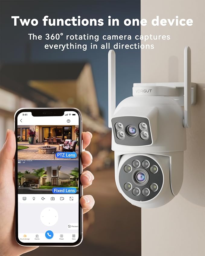 VORGUT Security Camera Outdoor Wireless, Dual Lens 2K (3MP+3MP) 355° PTZ Home Security WiFi Camera Outside Surveillance Indoor, 2.4G WiFi, PIR Human Detection, Auto Tracking, Color Night Vision, White