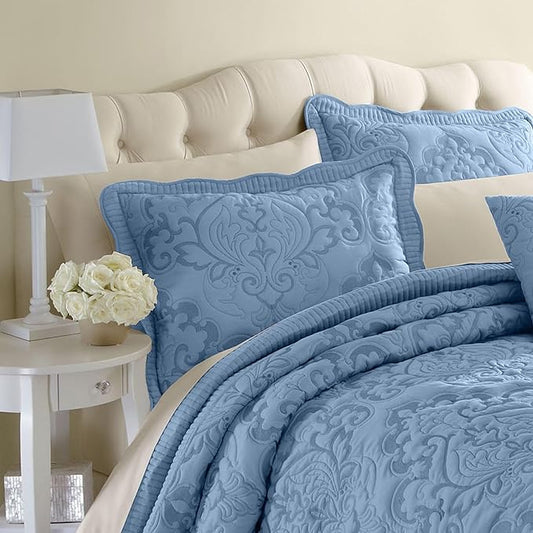 BrylaneHome Bedding Lightweight All Season Modern Amelia Quilted Damask Oversized Ultra Soft Bedspread - Full, Ivory Navy