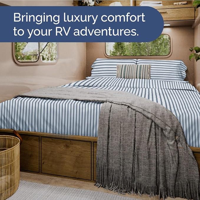 RV Short Queen Sheet Set 60 X 75 - 4 Piece RV Short Queen Bed Sheets - Soft, Breathable & Cooling - Designed for Bunks, Trailers & Campers - Fits 8” to 12" Mattress - Luxury Bedding - Blue Stripes 2