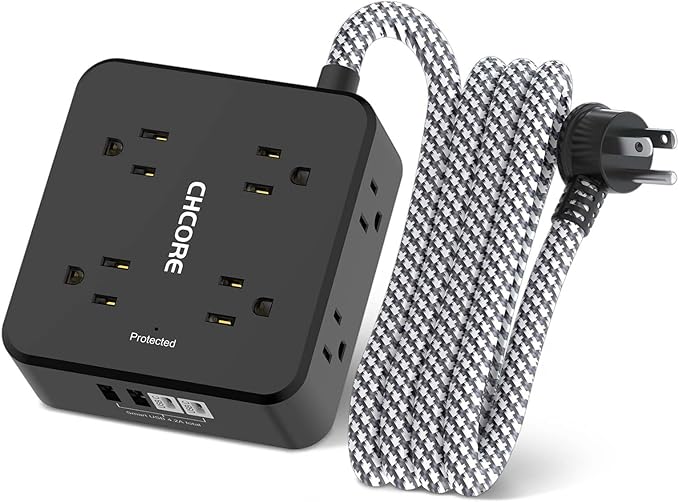 Surge Protector Power Strip - CHCORE 6Ft Braided Extension Cord with 8 Outlets with 4 USB (2 USB C) Charging Ports, Flat Plug Multi Plug Outlet Extender Charging Station for Home Office, ETL, Black