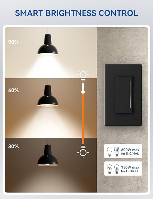 ELEGRP Smart Dimmer Light Switch DTR10, Single Pole Setup, 2.4GHz Wi-Fi Touch Dimmer Compatible with Alexa and Google Assistant, Needs Neutral Wire, No Hub Required, UL&FCC Listed, Black, 6 Pack